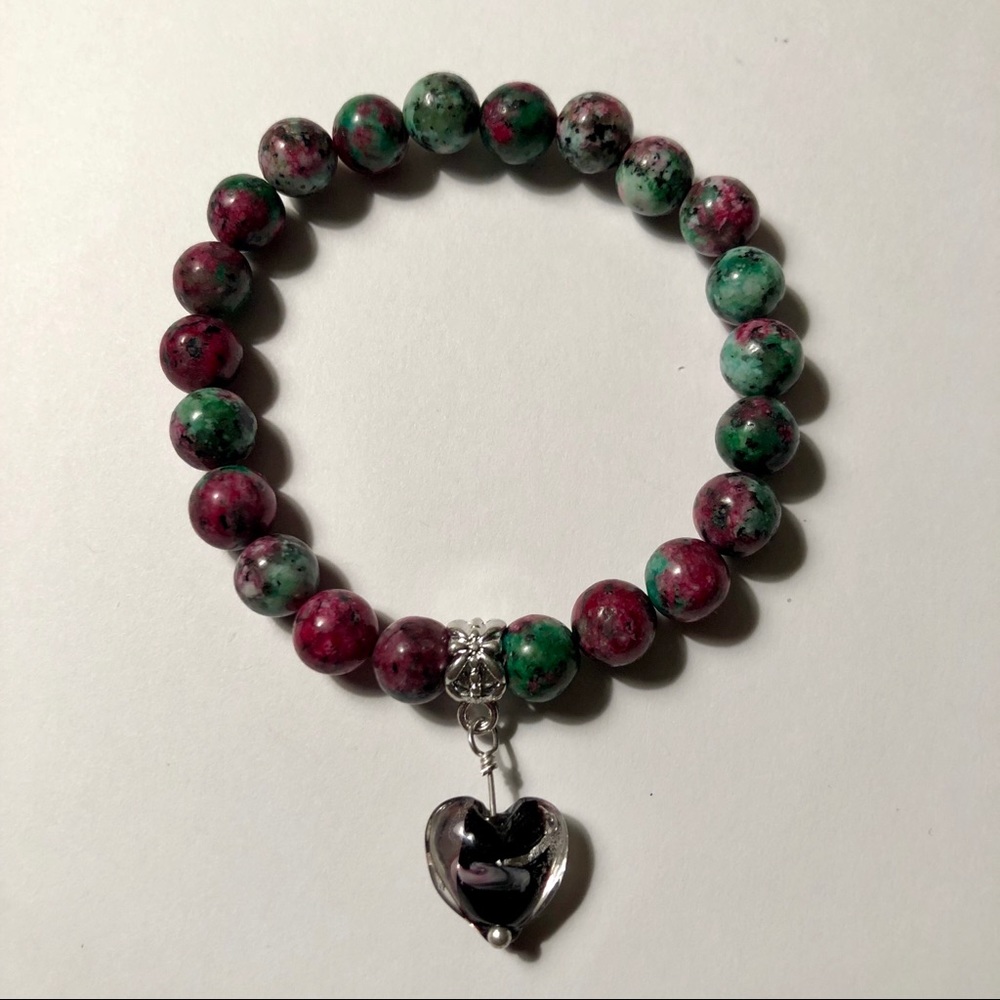 Unakite Jasper & Heart Charm Bracelet
